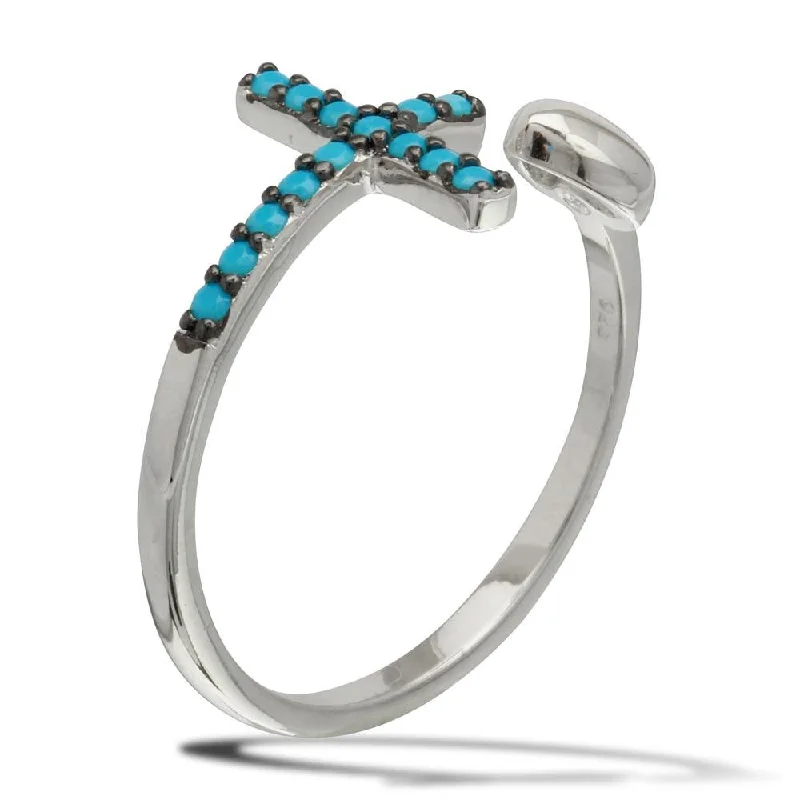 Ladies rings sale offers-Rhodium Plated 925 Sterling Silver Heart and Cross Open Ring with Turquoise Beads - BGR01086