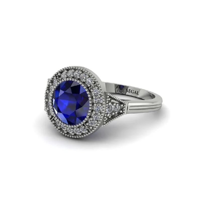 Ladies engagement rings sentimental value-Round Cut Sapphire Milgrain Halo Engagement Ring - Maggie No. 15