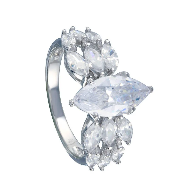 Ladies rings ring finger-Rhodium Plated 925 Sterling Silver Clear Marquise Center CZ Bridal Ring - BGR00255