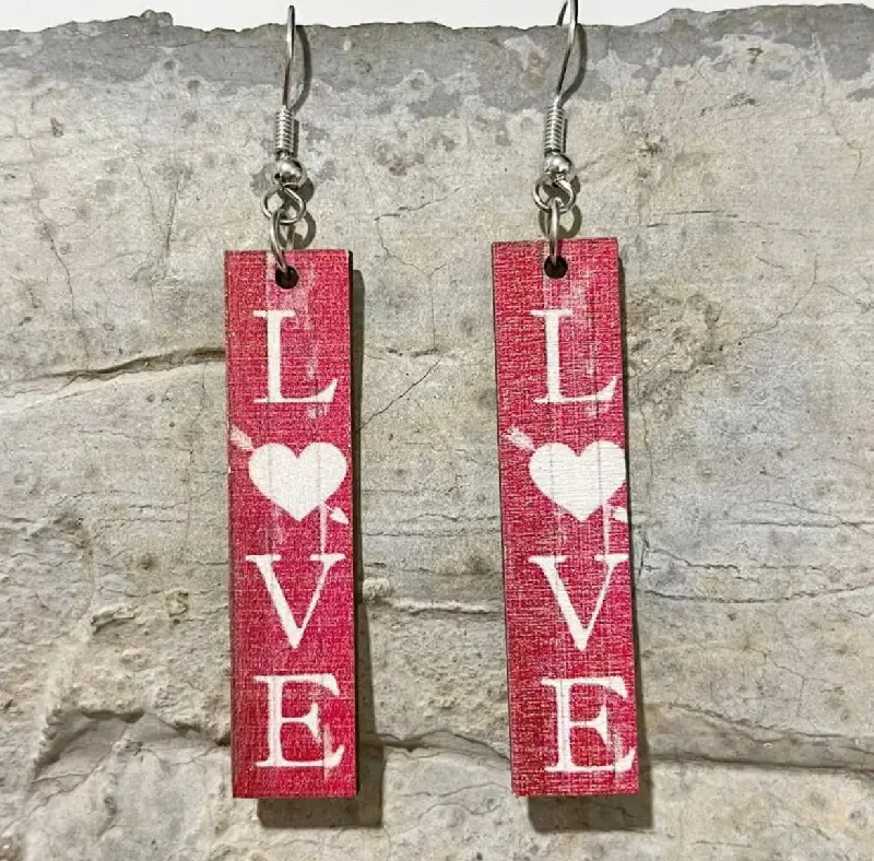 Ladies rings rose gold-Rectangular Wooden "Love" Earrings