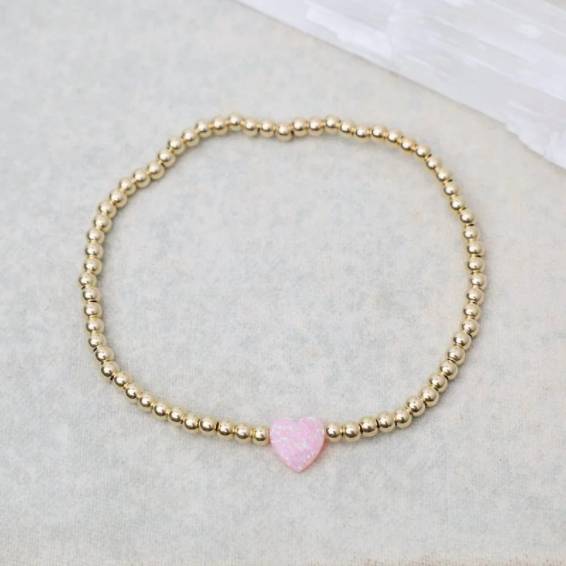 Ladies bracelets minimalist trends-Pink Opal Heart Gold Filled Ball Bracelet