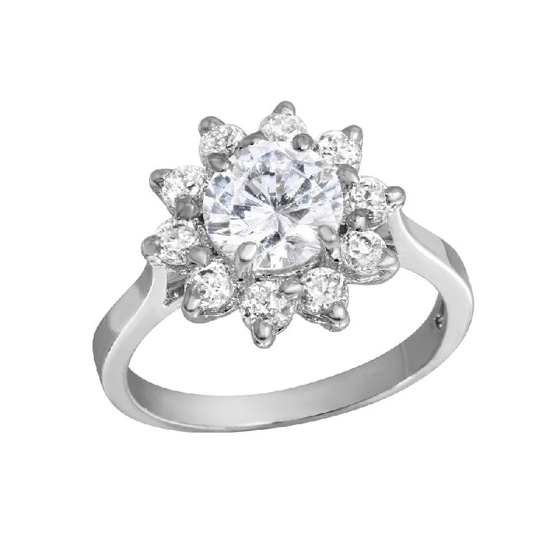 Ladies rings cute accents-Rhodium Plated 925 Sterling Silver CZ Flower Ring - GSR00004