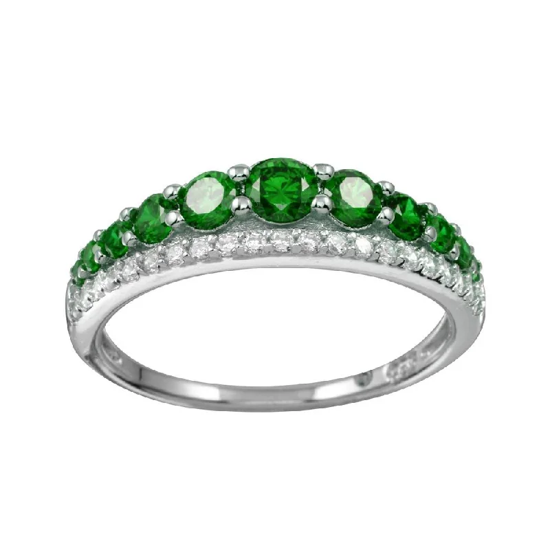 Ladies rings silver tones-Rhodium Plated 925 Sterling Silver Green and Clear CZ Stones Ring - BGR01175GRN