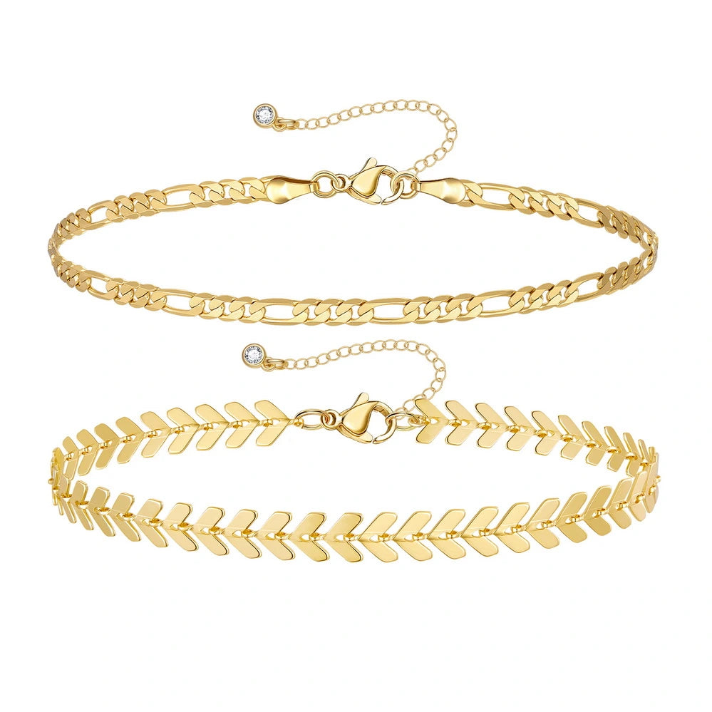 Ladies bracelets limited editions-Dainty 14k Gold Plated Layering Anklets Bracelets Set- Figaro & Fishbone