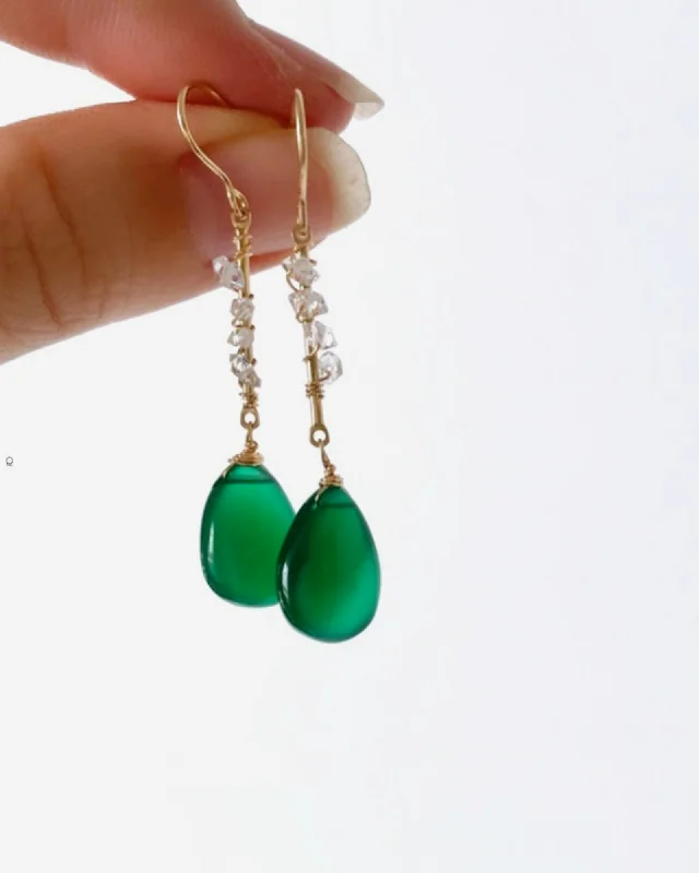 Ladies rings worldwide styles-Green Onyx and Herkimer Diamonds Earrings