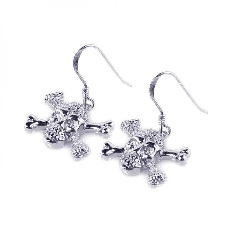 Ladies rings boho flair-Silver 925 Rhodium Plated Pirate Skull CZ Dangling Hook Earrings - STE00537