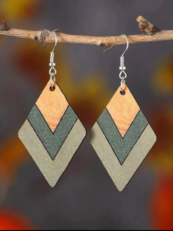 Ladies rings store locations-Wooden Rhombus Drop Earrings