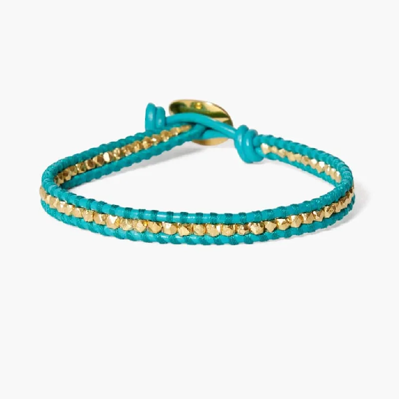 Ladies bracelets cute accents-Single Vermeil Nugget Wrap Bracelet with New Turquoise Leather