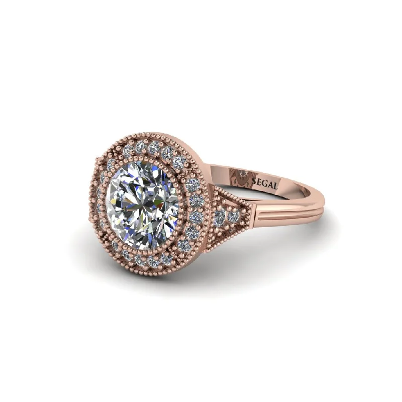 Ladies engagement rings cushion cut-Round Cut Diamond Milgrain Halo Engagement Ring - Maggie No. 2