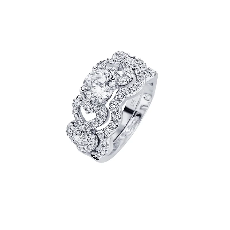 Ladies rings designer brands-Silver 925 Rhodium Plated Round Clear Center CZ Heart Bridal Ring - BGR00578