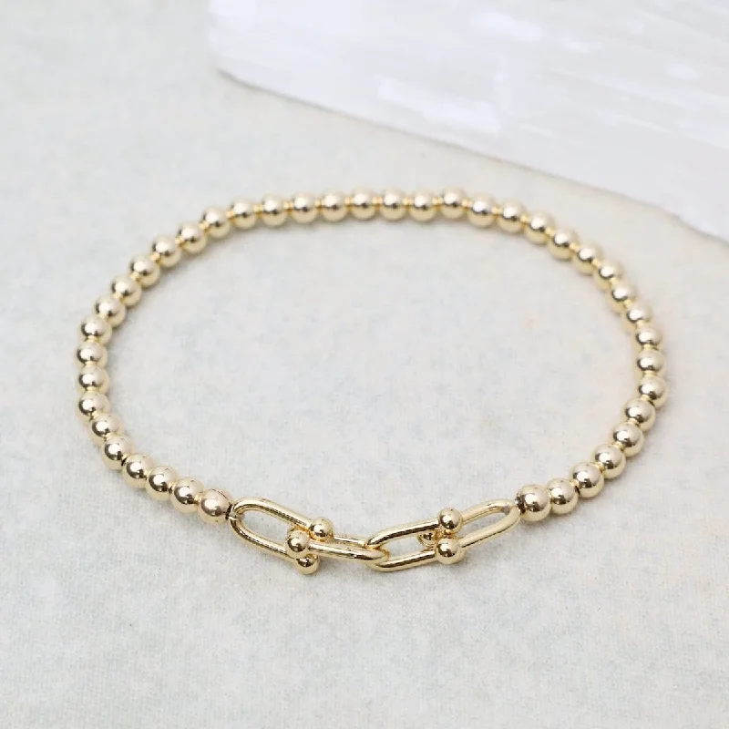 Ladies bracelets engraved names-Small Chunky Paperclip and 4mm Gold Filled Ball Bracelet