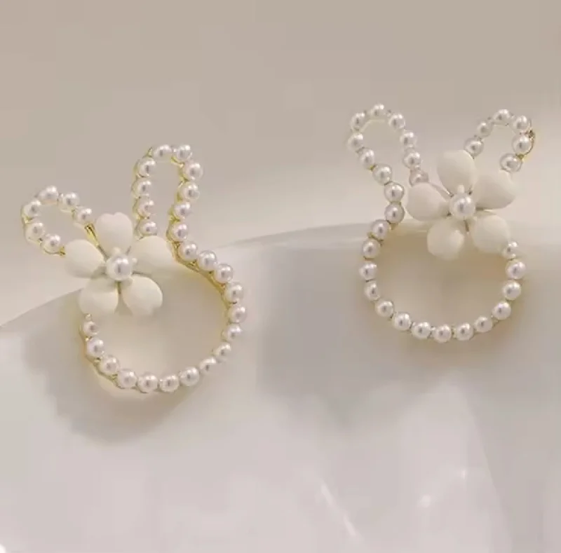 Ladies rings investment value-Easter Bunny Earrings with Pearls and a White Dainty Flower