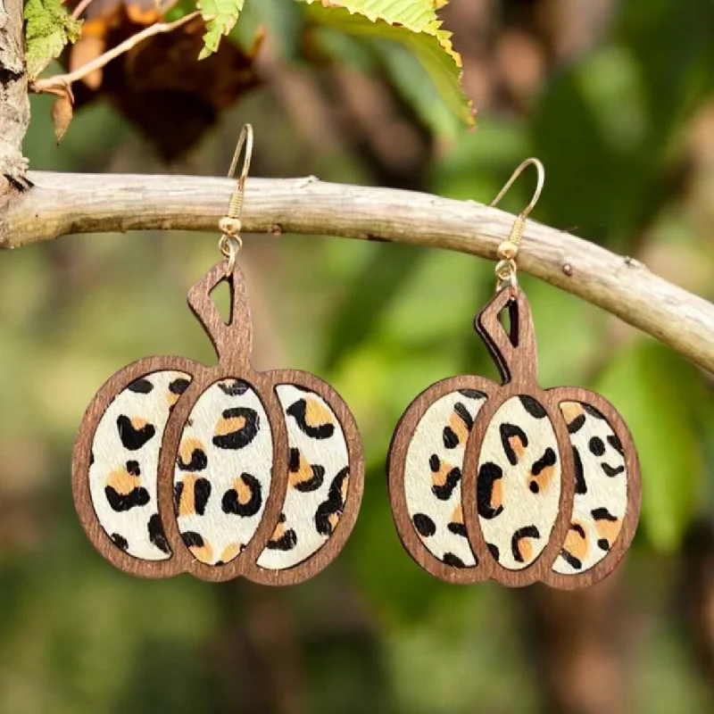 Ladies rings cute accents-Wooden Leopard Print Pumpkin Earrings