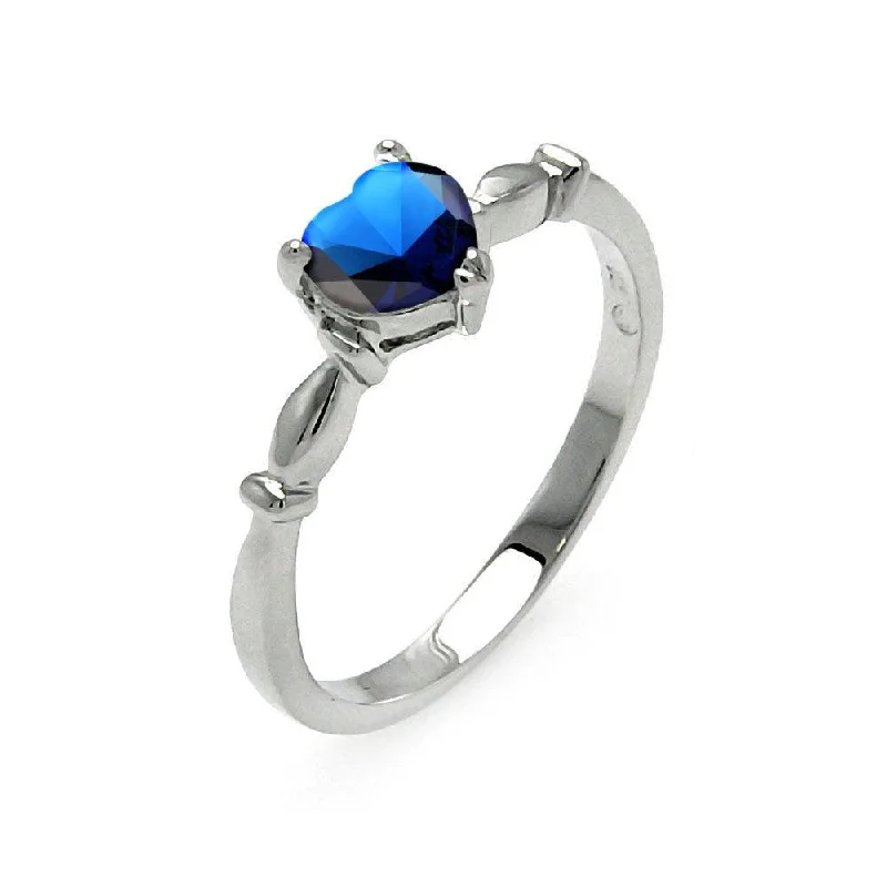 Ladies rings colorful stones-Rhodium Plated 925 Sterling Silver CZ Heart Blue September Ring - BGR00521SEP