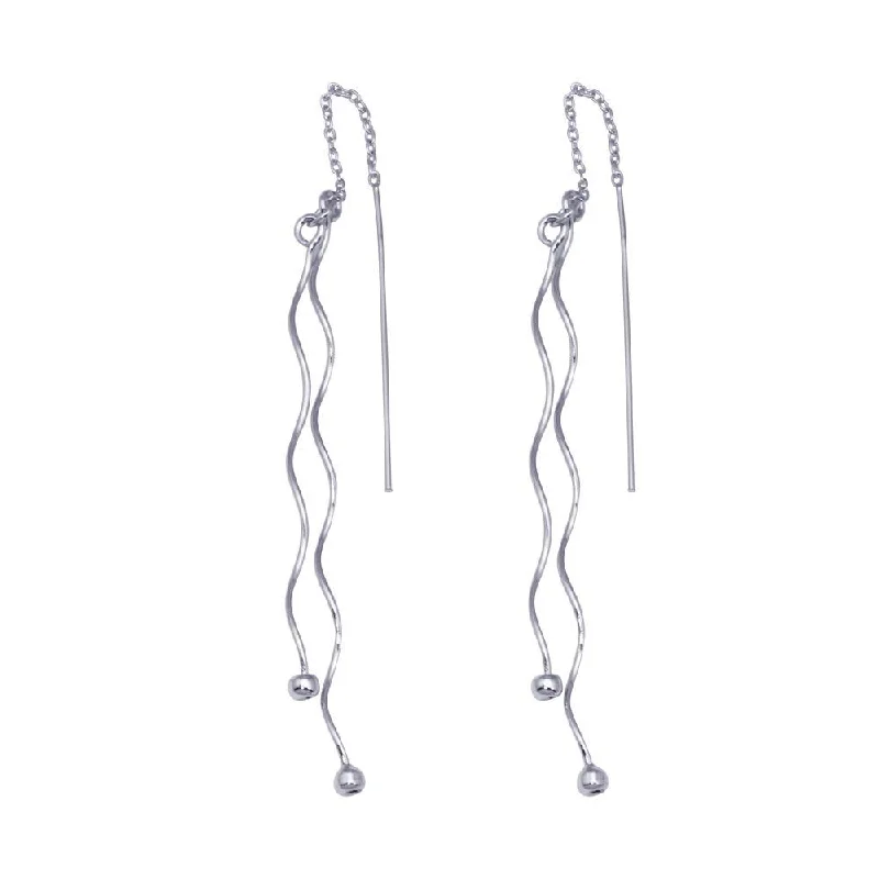 Ladies rings heart motifs-Silver 925 Rhodium Plated Two Twisted Wire Threaded Hanging Ball Hook Earrings - DSE00046