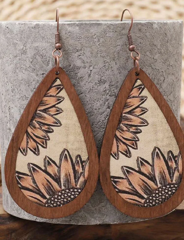 Ladies rings classic looks-Western Style Wooden Sunflower Tear Drop Earrings