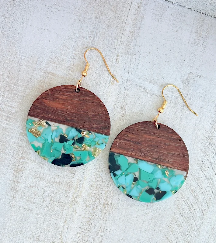 Ladies rings friendship rings-Beautiful Round Wood and Green Patchwork Resin Drop Earrings