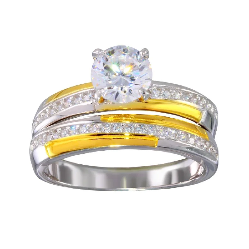 Ladies rings e-commerce sites-Two-Tone 925 Sterling Silver Gold and Rhodium Plated Stackable Double Rings with CZ - GMR00262RG