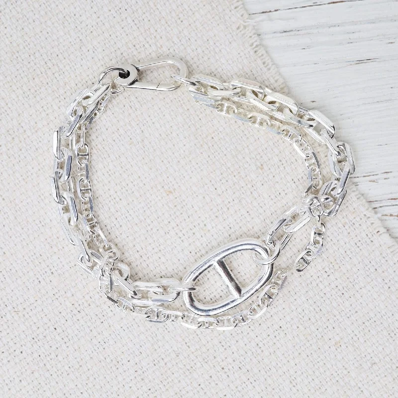 Ladies bracelets friendship bands-Sterling Silver Double Chain with Anchor Link Bracelet