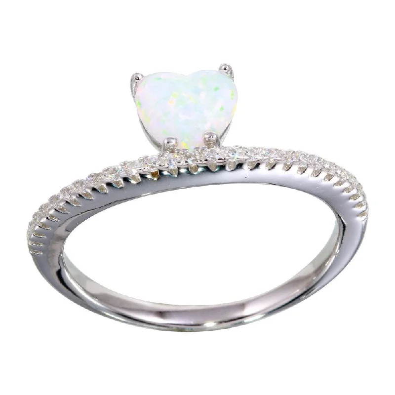 Ladies rings star accents-Rhodium Plated 925 Sterling Silver Semi Eternity Band with Opal Heart Ring - BGR01134