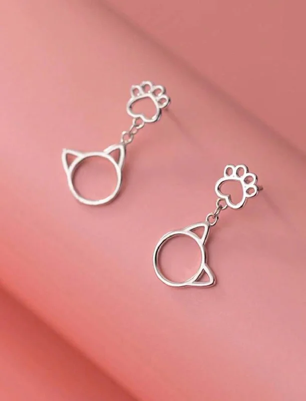 Ladies rings limited editions-Beautiful Cat and Paw Stud Drop Earrings