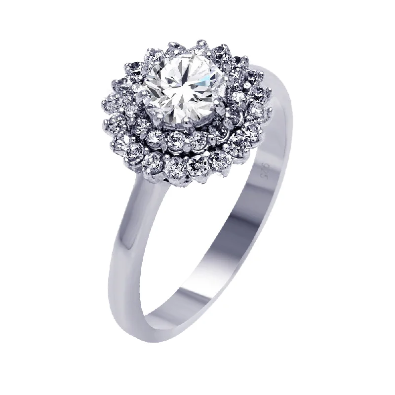 Ladies rings cute accents-Silver 925 Rhodium Plated Clear Round CZ Bridal Flower Ring - BGR00368