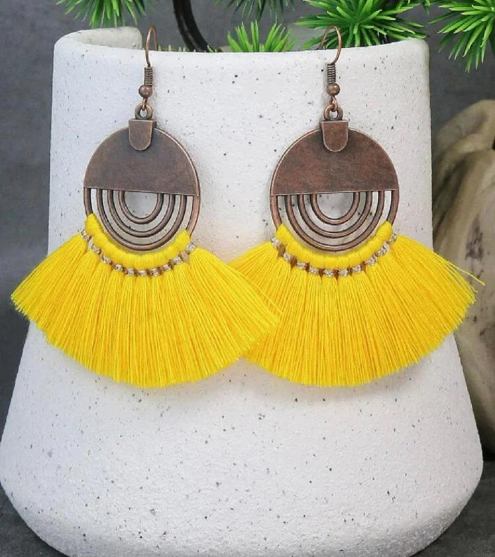 Ladies rings lightweight picks-Round Copper Earrings with Yellow Tassels