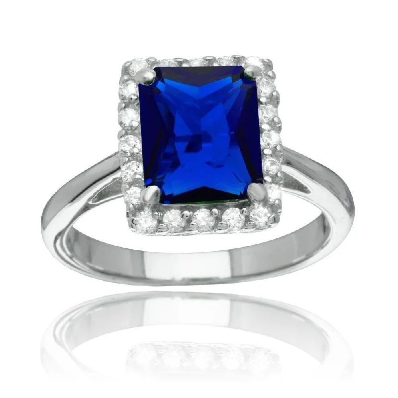 Ladies rings creative pieces-Rhodium Plated 925 Sterling Silver Square Blue CZ Halo Ring - BGR01113BLU