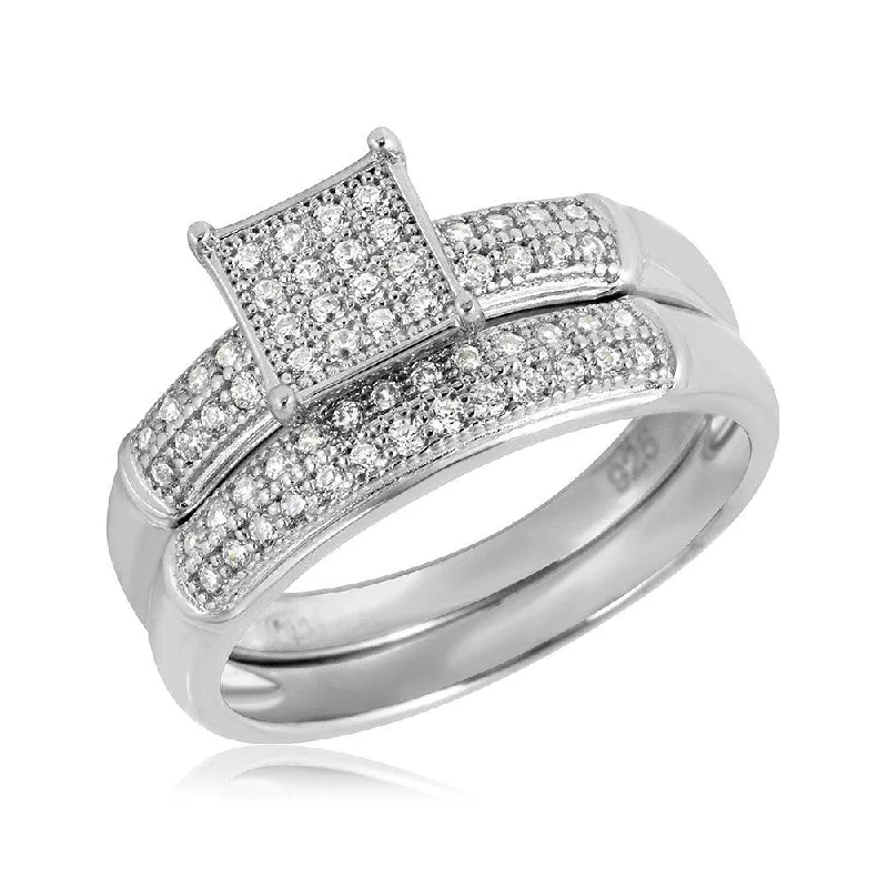 Ladies rings personalized-Silver 925 Rhodium Plated Square Design Micro Pave Bridal Ring - GMR00116