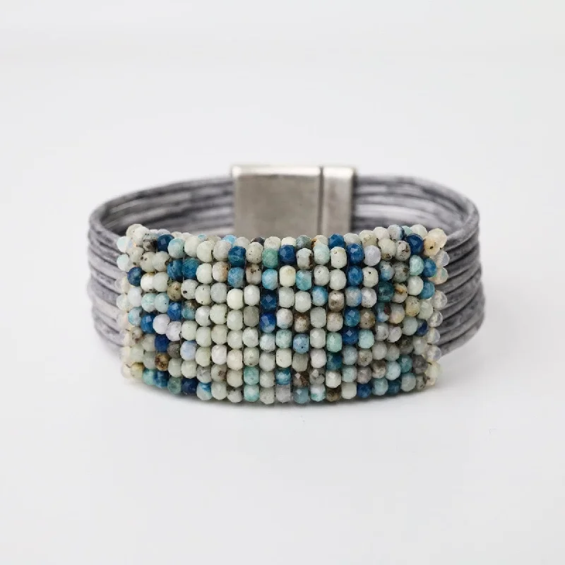 Ladies bracelets star motifs-Azurite with Opal Trim On Driftwood Leather Bracelet