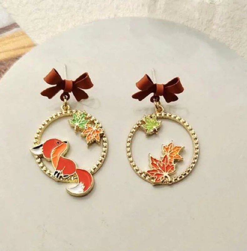 Ladies rings gold styles-Autumn Maple Leaf and Fox Earrings