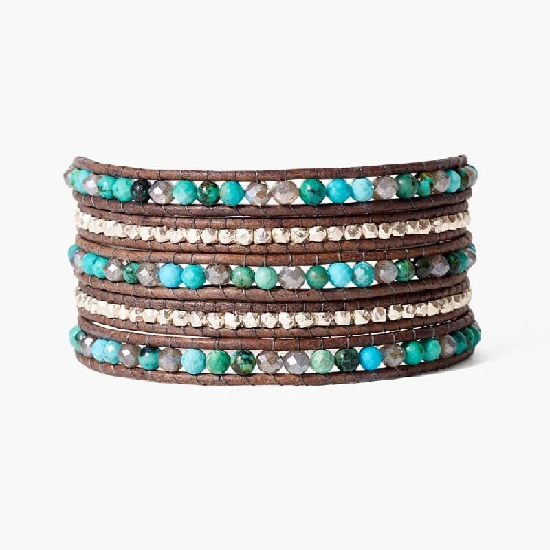 Ladies bracelets engraved names-Mixed Wrap Bracelet on Leather - Turquoise Mix