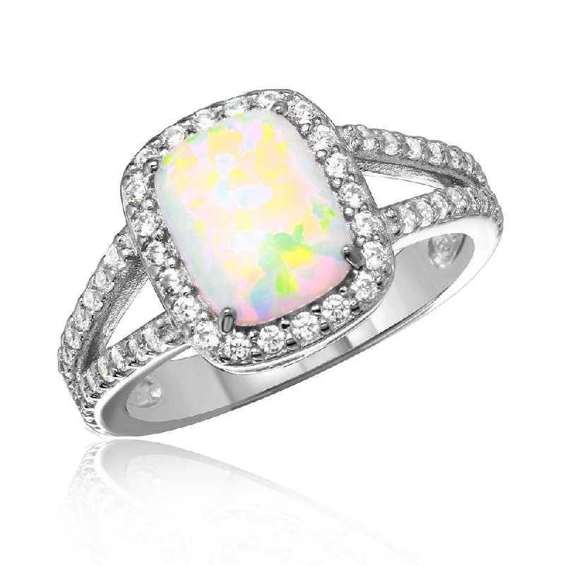 Ladies rings hypoallergenic-Silver 925 Rhodium Plated Halo Ring with Synthetic Baguette Opal and CZ - BGR01041