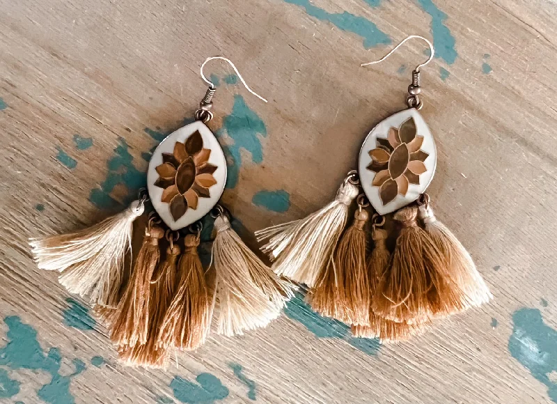 Ladies rings sale offers-Beige Tassel Earrings