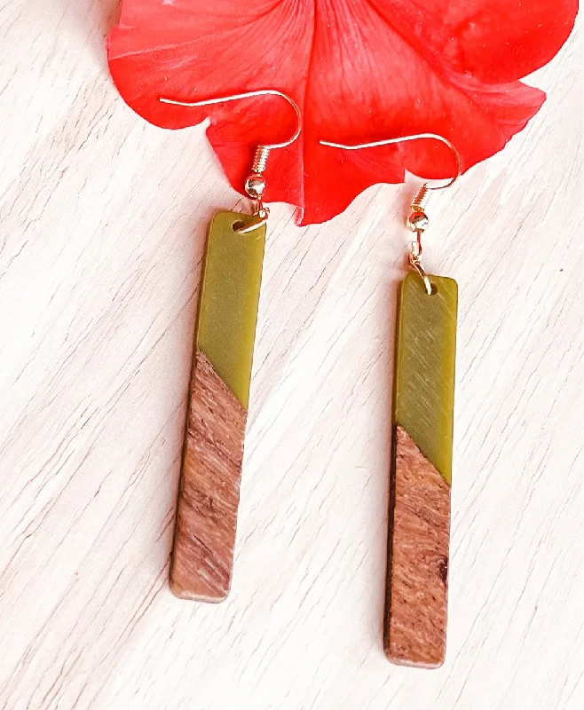 Ladies rings hypoallergenic-Wood and Green Resin Bar Earrings