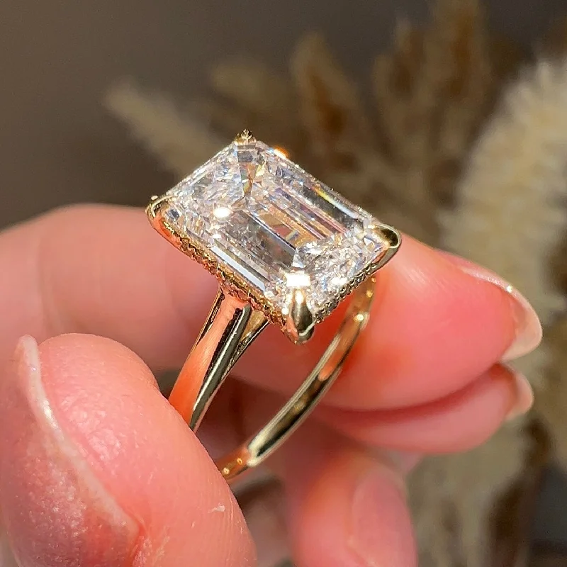 Ladies engagement rings rose gold-"Dream" 4 Carat Hidden Under Halo Emerald Cut Yellow Gold Engagement Ring