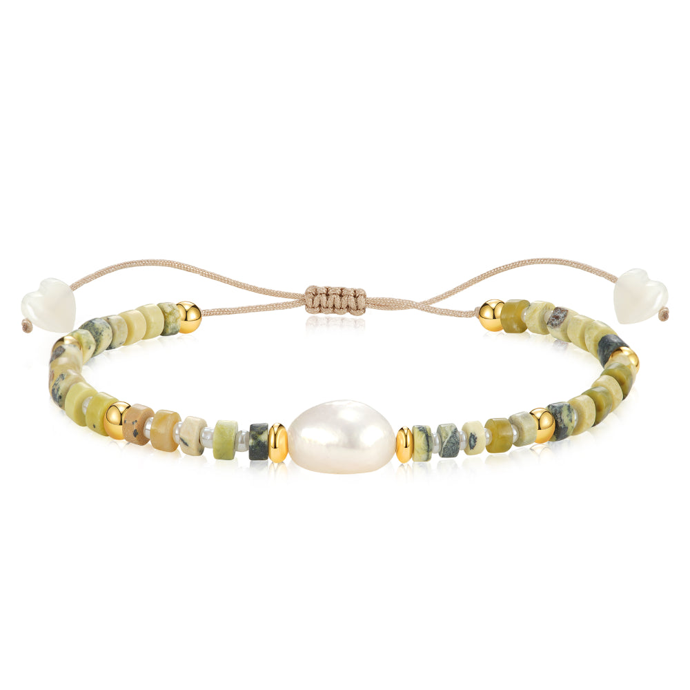 Ladies bracelets care tips-Adjustable Healing Crystal Bracelet Natural Lime-green Turquoise Gemstone Beads with Irregular Pearl