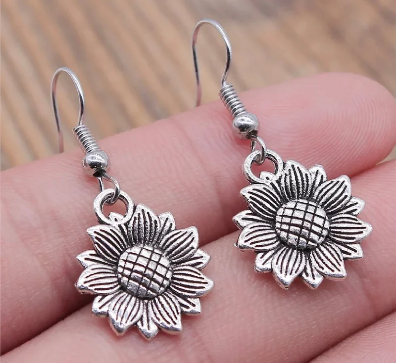 Ladies rings designer brands-Small Silver Sunflower Dangle Earrings