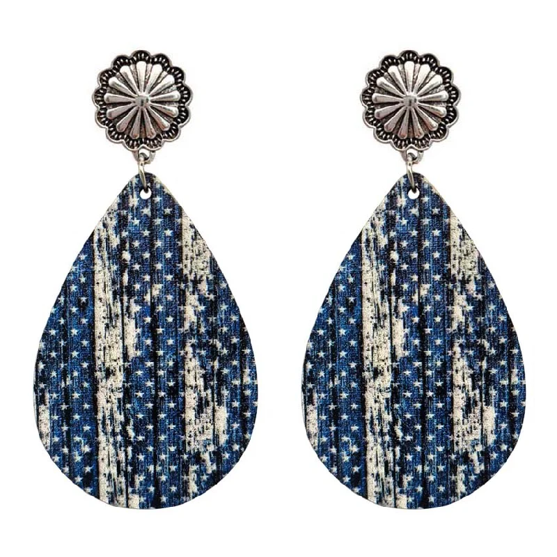 Ladies rings sister sets-Wooden Blue Star and Striped Teardrop Earrings