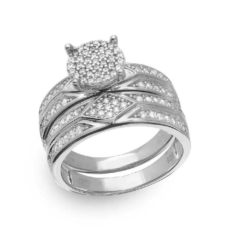 Ladies rings vintage appeal-Silver 925 Rhodium Plated Round Pave Center Trio Bridal Ring - GMR00162