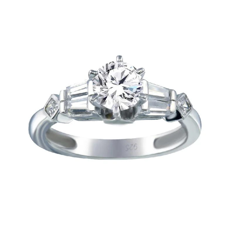 Ladies rings gold styles-Rhodium Plated 925 Sterling Silver Clear Baguette Round Center CZ Ring - ACR00028