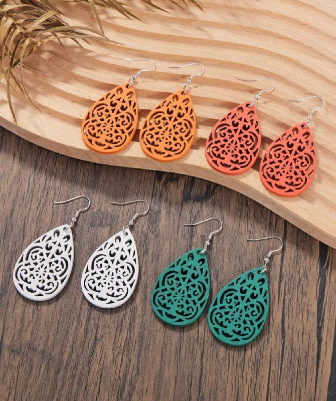 Ladies rings latest designs-Set of 4 Hollowed Out Wooden Drop Earrings