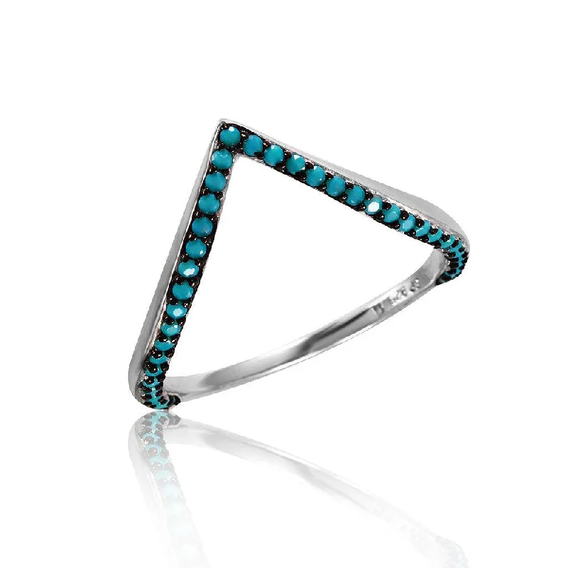 Ladies rings celebrity styles-Silver 925 Rhodium Plated V Ring with Synthetic Turquoise Stones - STR01054