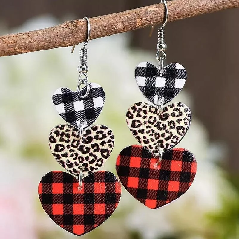 Ladies rings luxury picks-Valentine's Day Heart Shaped Red Plaid Leather Earrings