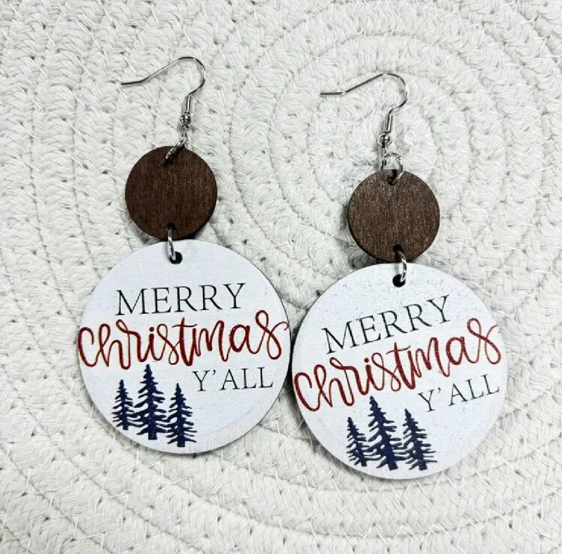 Ladies rings creative pieces-Merry Christmas Ya'll Wooden Drop Earrings