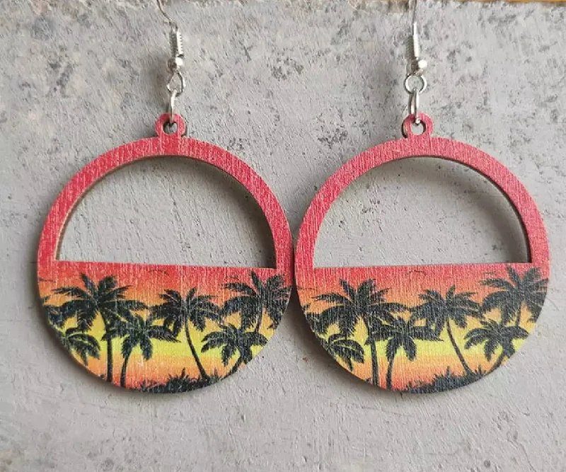 Ladies rings mature styles-Wooden Palm Tree Sunset Earrings