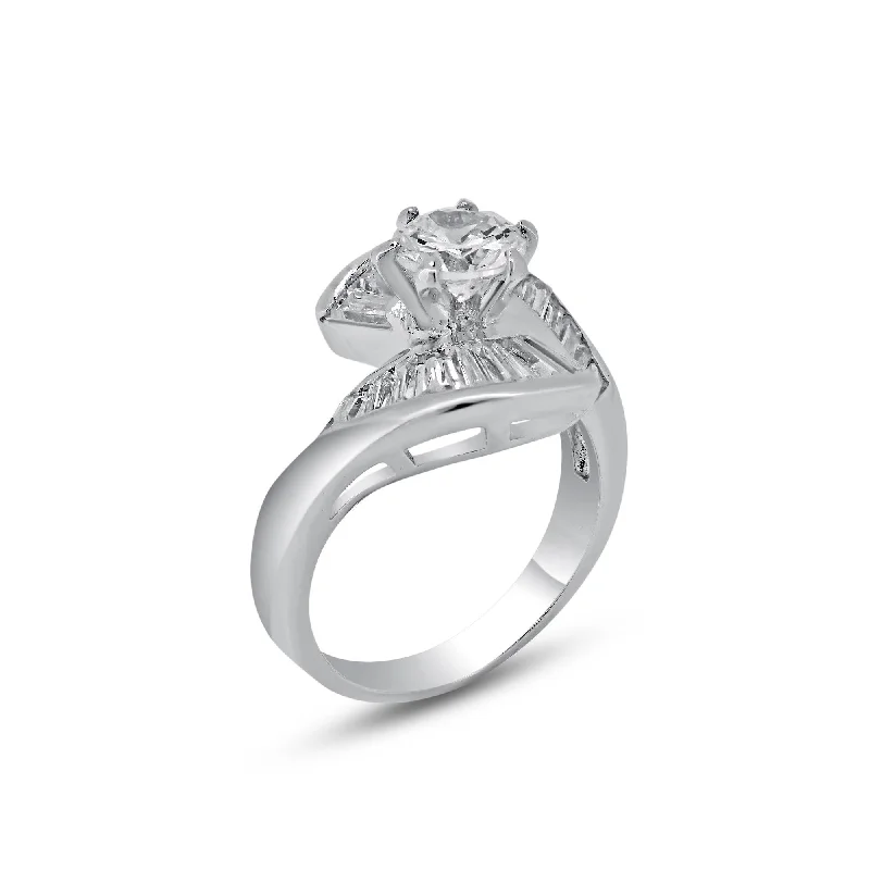 Ladies rings unique designs-Rhodium Plated 925 Sterling Silver Clear Baguette CZ Wave Ring - BGR00094