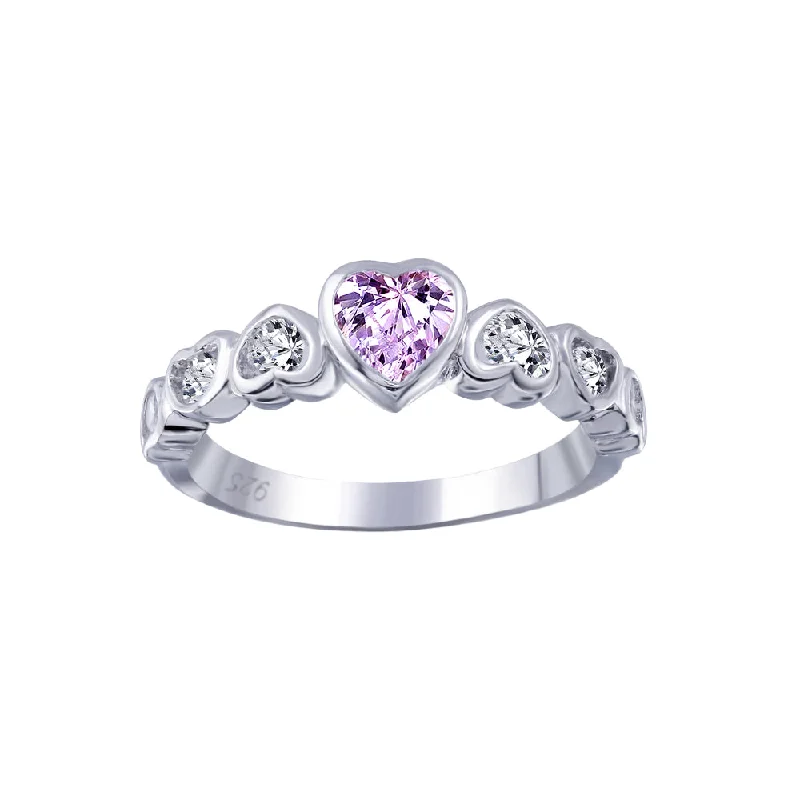 Ladies rings everyday wear-Silver 925 Rhodium Plated Pink Center CZ Heart Ring - BGR00014P