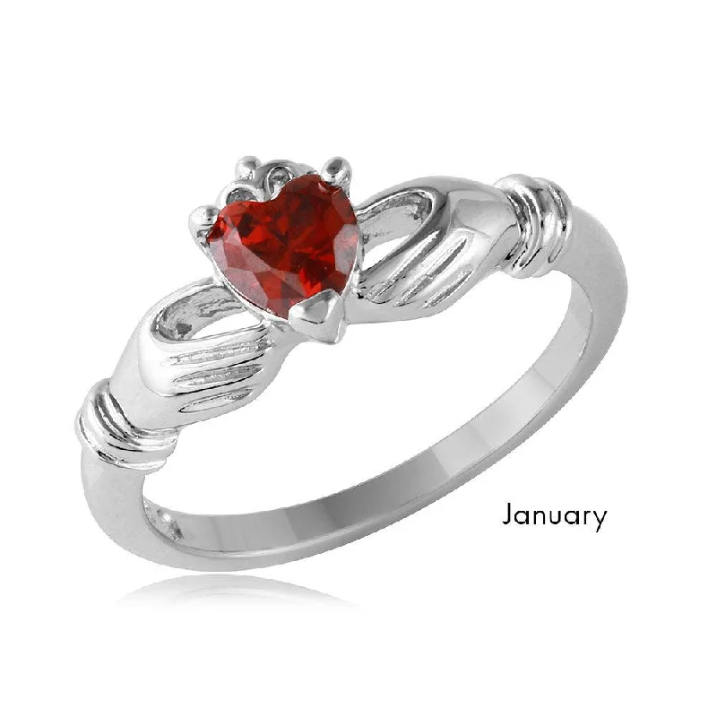 Ladies rings elegant looks-January Sterling Silver 925 Rhodium Plated CZ Center Birthstone Claddagh Ring - BGR01083JAN