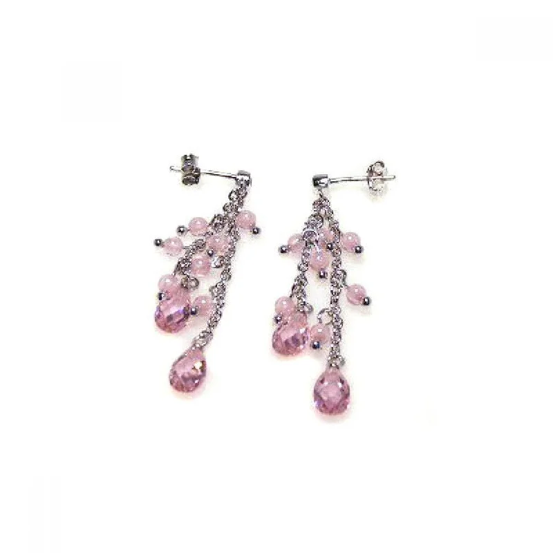 Ladies rings Mother’s Day-Clearance-Silver 925 Rhodium Plated Pink Oval CZ Wire Dangling Earrings - STE00066